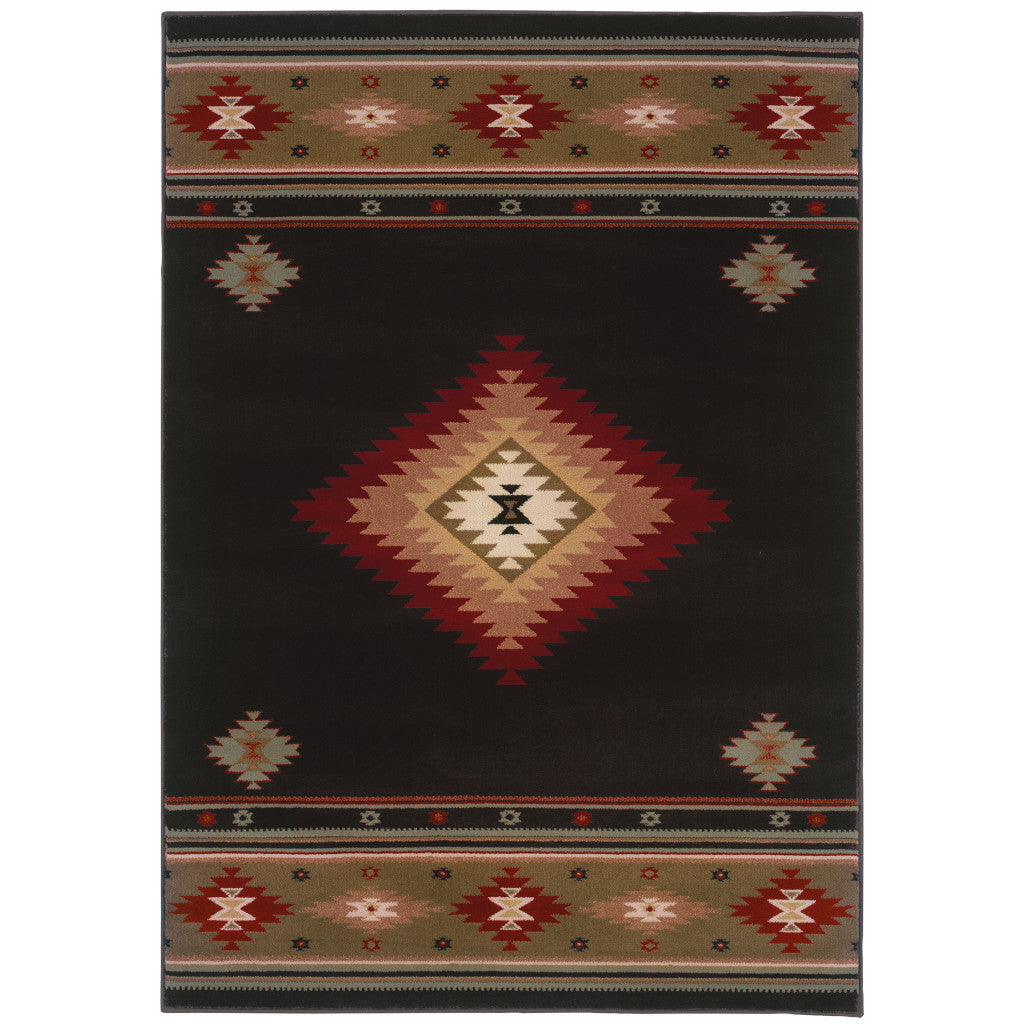 2' X 3' Black And Green Southwestern Power Loom Stain Resistant Area Rug