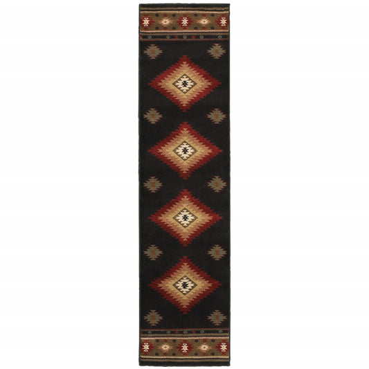 2' X 8' Black Southwestern Power Loom Stain Resistant Runner Rug