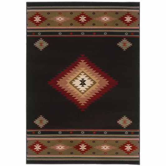 6' X 9' Black And Green Southwestern Power Loom Stain Resistant Area Rug