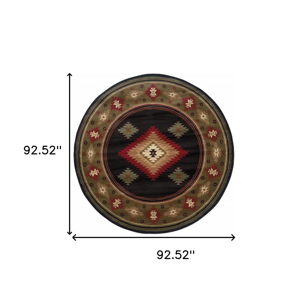 8' Black Round Southwestern Power Loom Stain Resistant Area Rug
