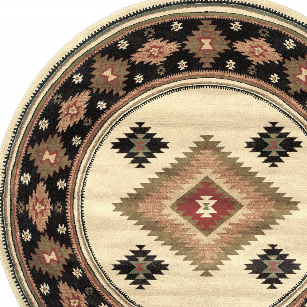 8' Beige Round Southwestern Power Loom Stain Resistant Area Rug