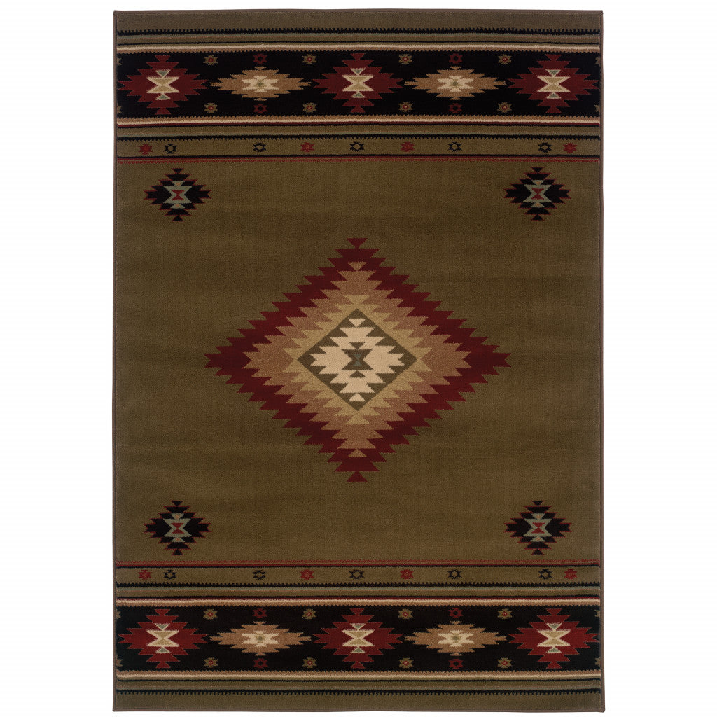 5' X 8' Green Southwestern Power Loom Stain Resistant Area Rug