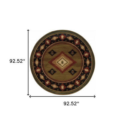 8' green round Southwestern power-loomed stain-resistant area rug.