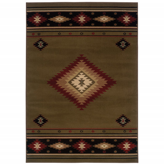 8' X 11' Green Southwestern Power Loom Stain Resistant Area Rug