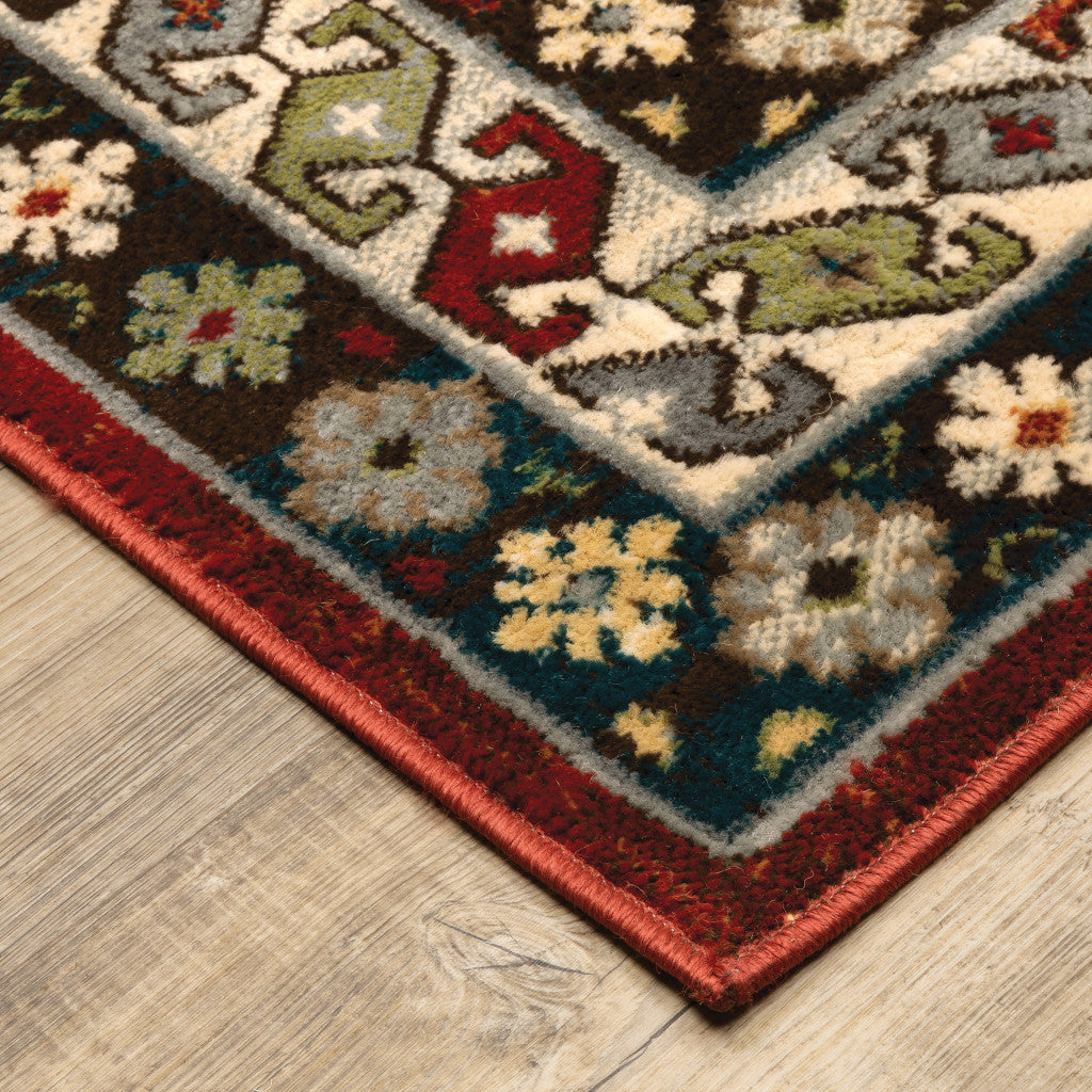 2' X 8' Red Deep Teal Ivory Grey And Green Southwestern Power Loom Stain Resistant Runner Rug