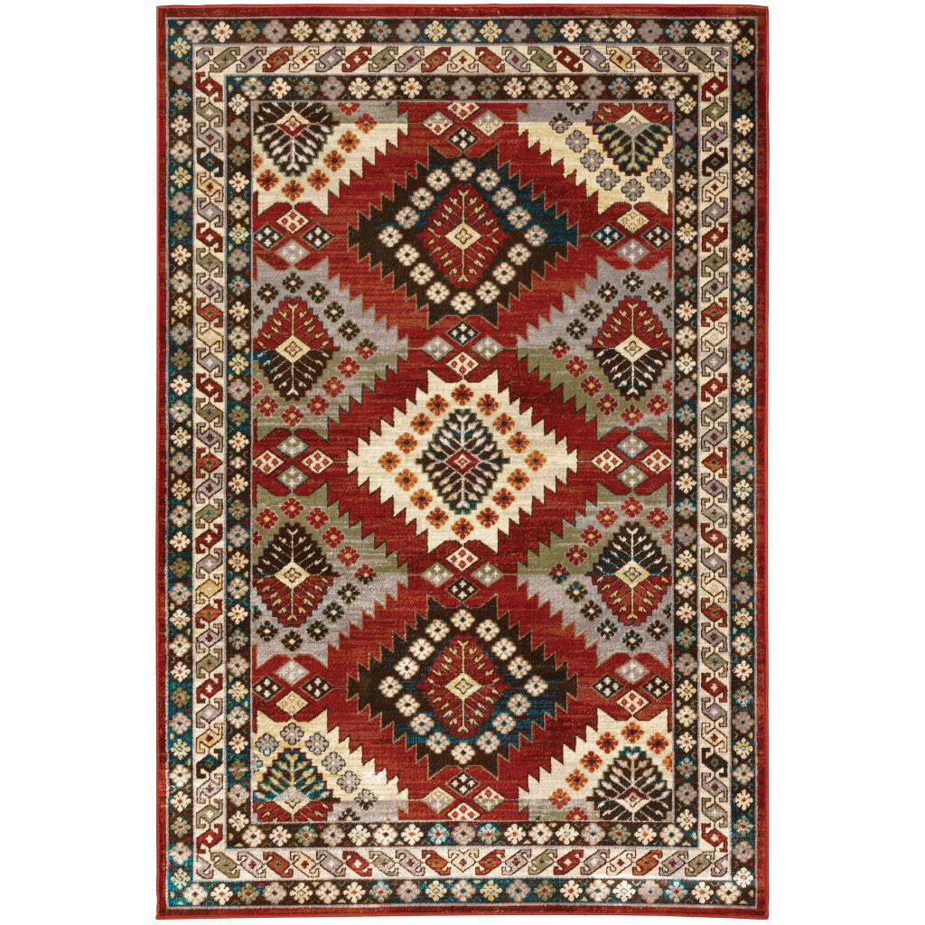 4' X 6' Red Deep Teal Ivory Grey And Green Southwestern Power Loom Stain Resistant Area Rug