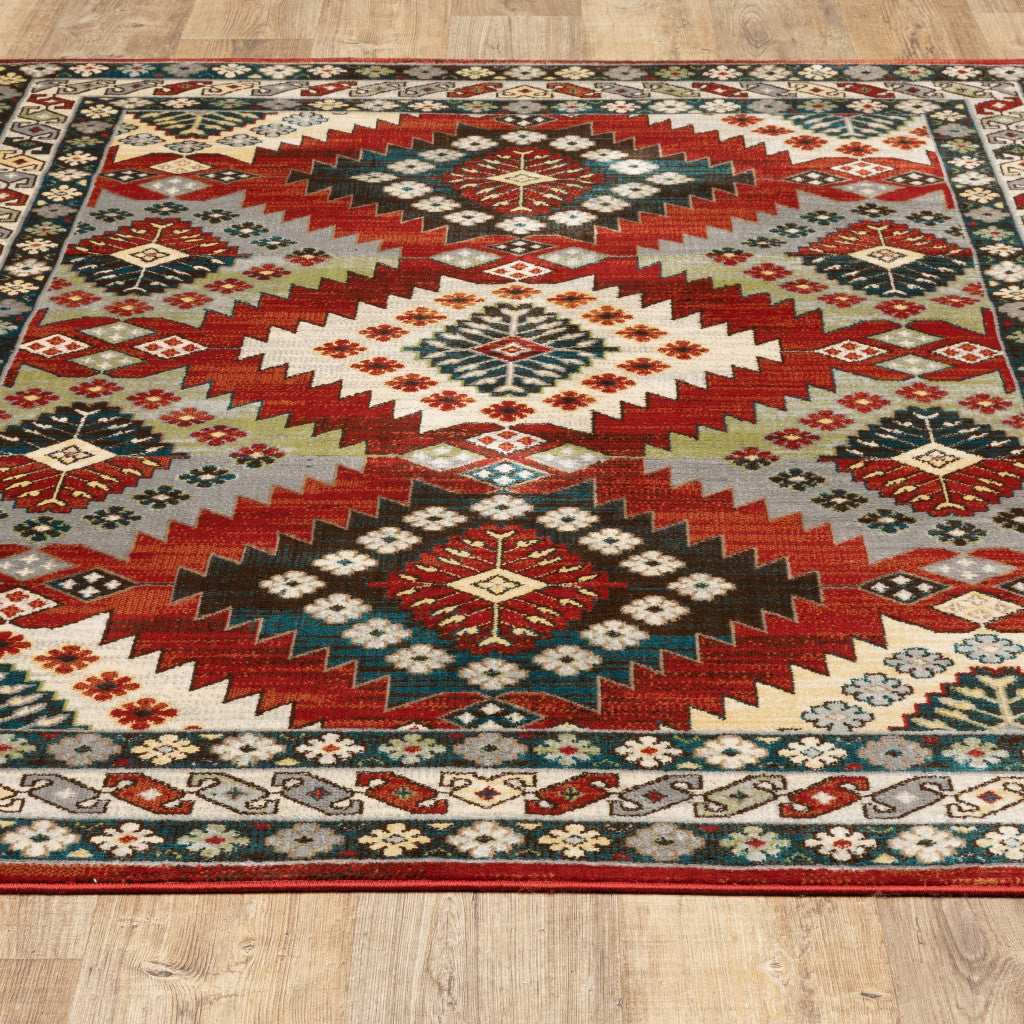 4' X 6' Red Deep Teal Ivory Grey And Green Southwestern Power Loom Stain Resistant Area Rug