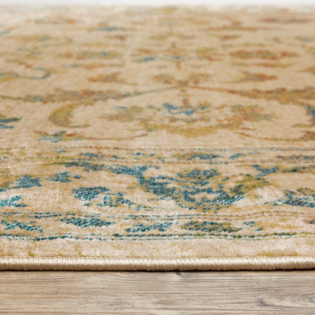 6' X 9' Beige Gold And Teal Oriental Power Loom Stain Resistant Area Rug