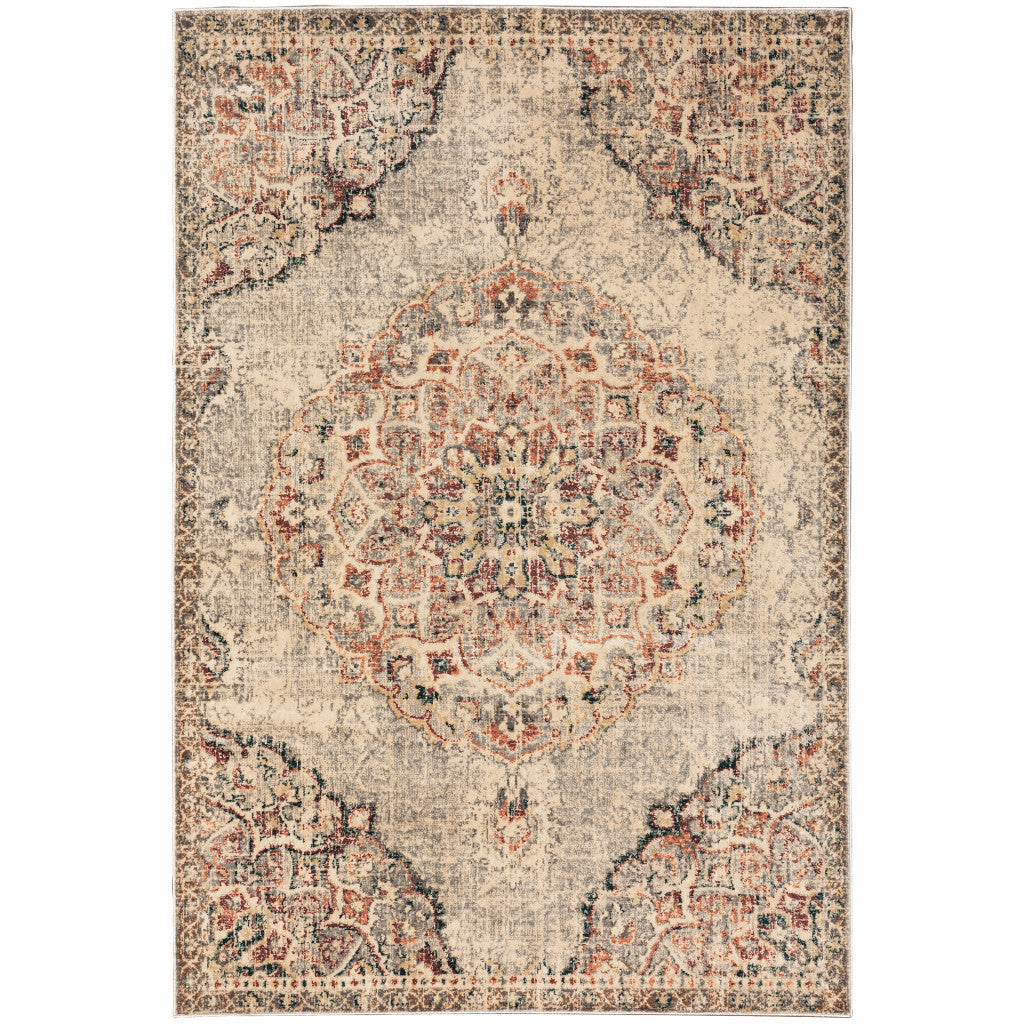 4' X 6' Grey Rust Deep Teal Beige And Orange Oriental Power Loom Stain Resistant Area Rug