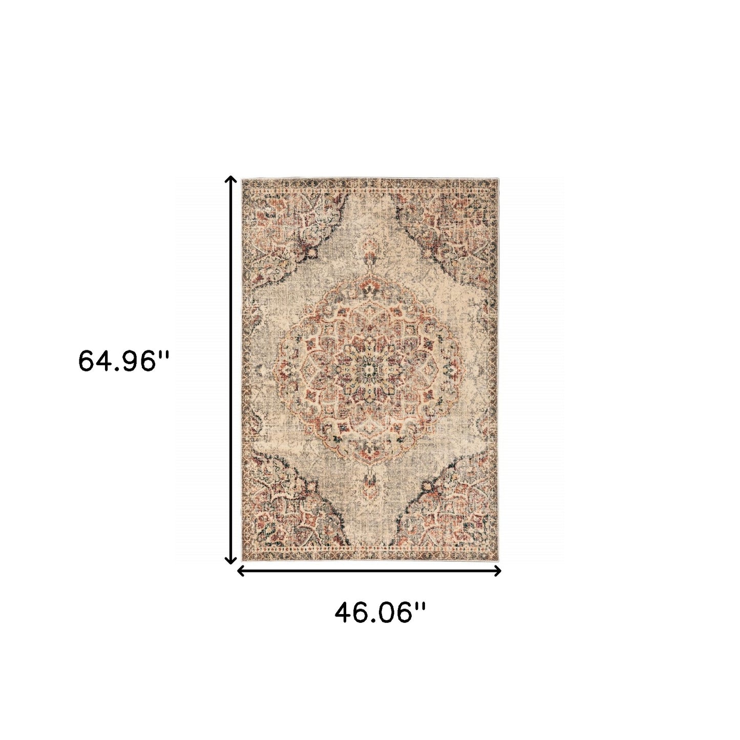 4' X 6' Grey Rust Deep Teal Beige And Orange Oriental Power Loom Stain Resistant Area Rug