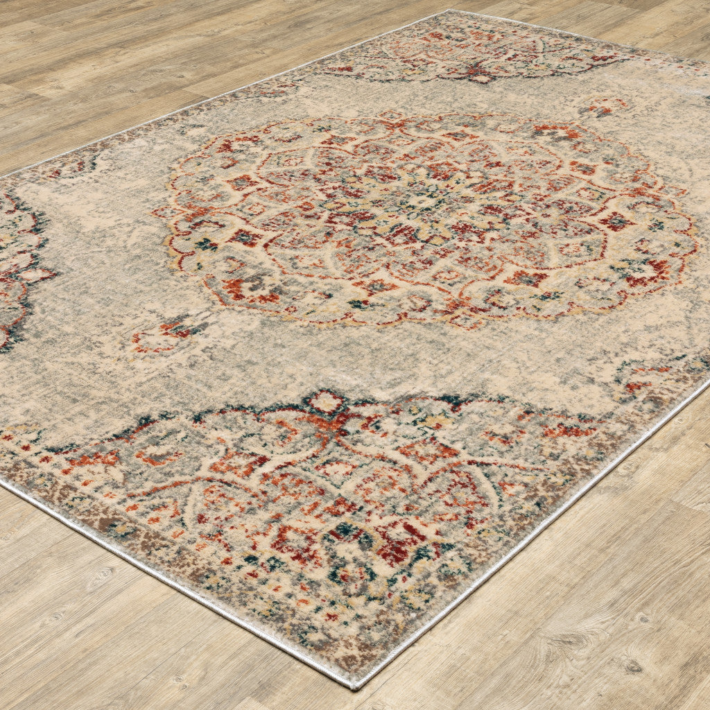 4' X 6' Grey Rust Deep Teal Beige And Orange Oriental Power Loom Stain Resistant Area Rug