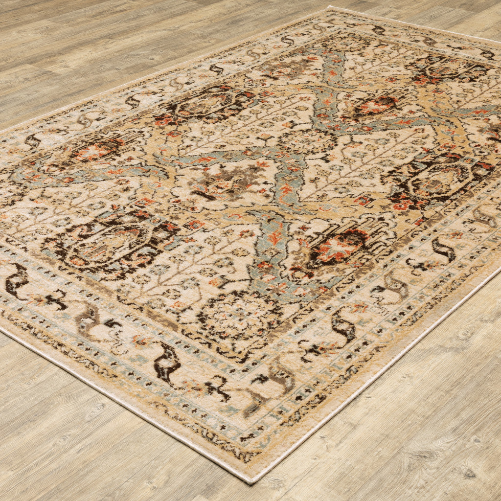 6' X 9' Beige Grey Dolphin Blue Deep Teal Gold And Orange Oriental Power Loom Stain Resistant Area Rug