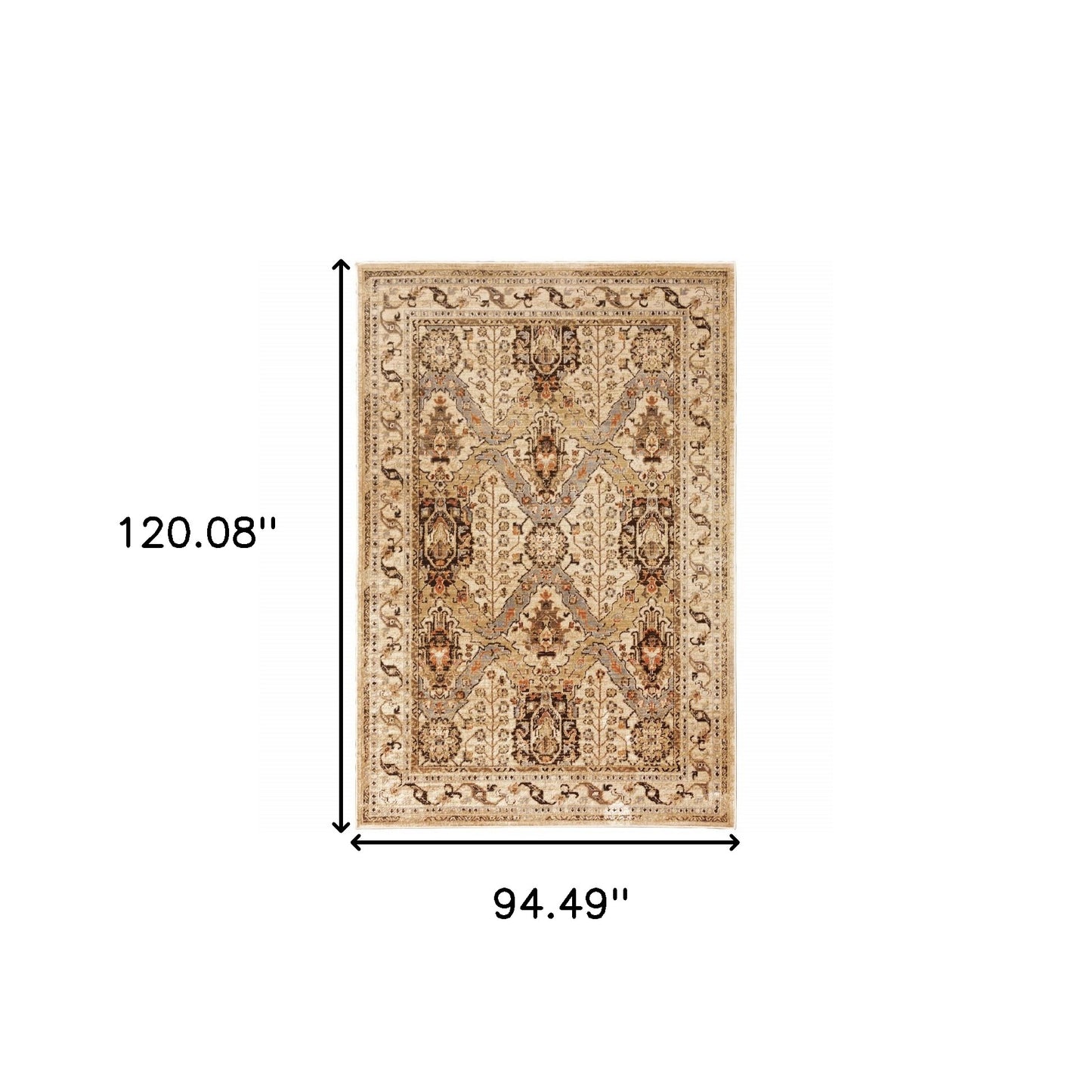 8' X 10' Beige Grey Dolphin Blue Deep Teal Gold And Orange Oriental Power Loom Stain Resistant Area Rug