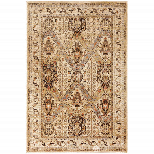 10' X 13' Beige Grey Dolphin Blue Deep Teal Gold And Orange Oriental Power Loom Stain Resistant Area Rug