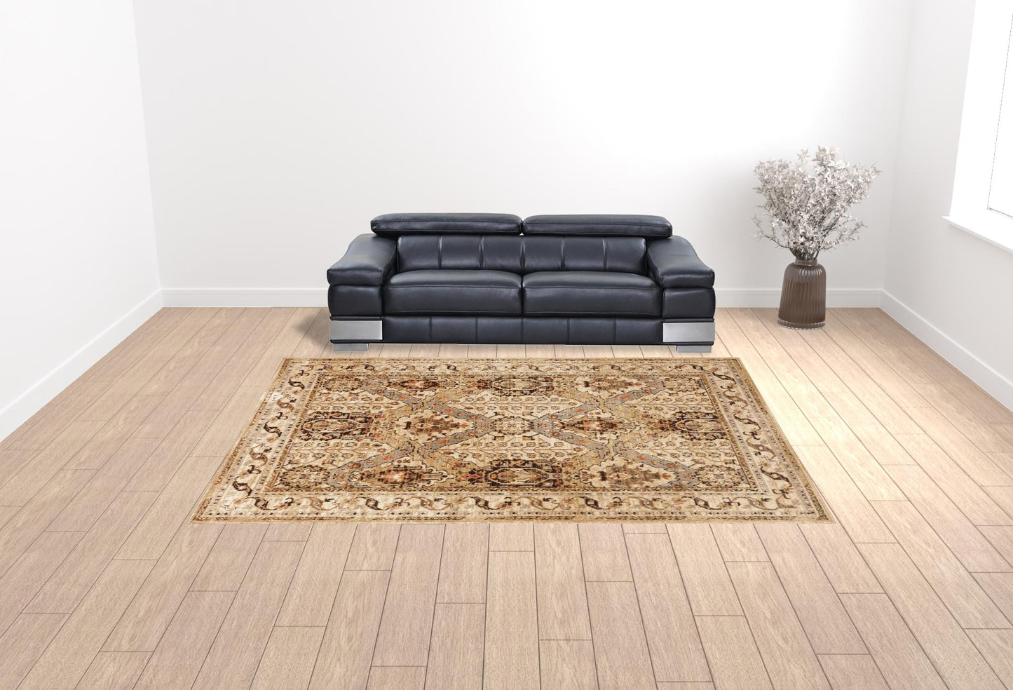 10' X 13' Beige Grey Dolphin Blue Deep Teal Gold And Orange Oriental Power Loom Stain Resistant Area Rug