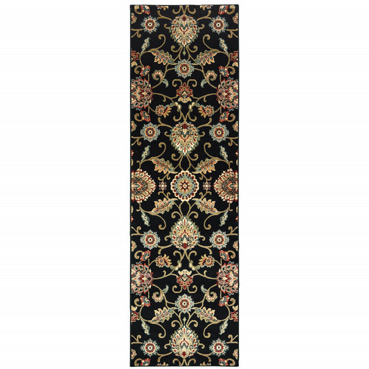 2' X 8' Black Red Green Ivory Salmon And Yellow Floral Power Loom Stain Resistant Runner Rug