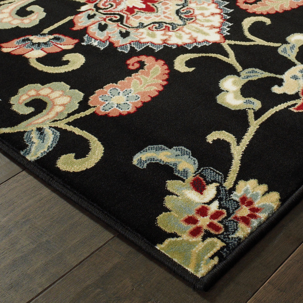 2' X 8' Black Red Green Ivory Salmon And Yellow Floral Power Loom Stain Resistant Runner Rug