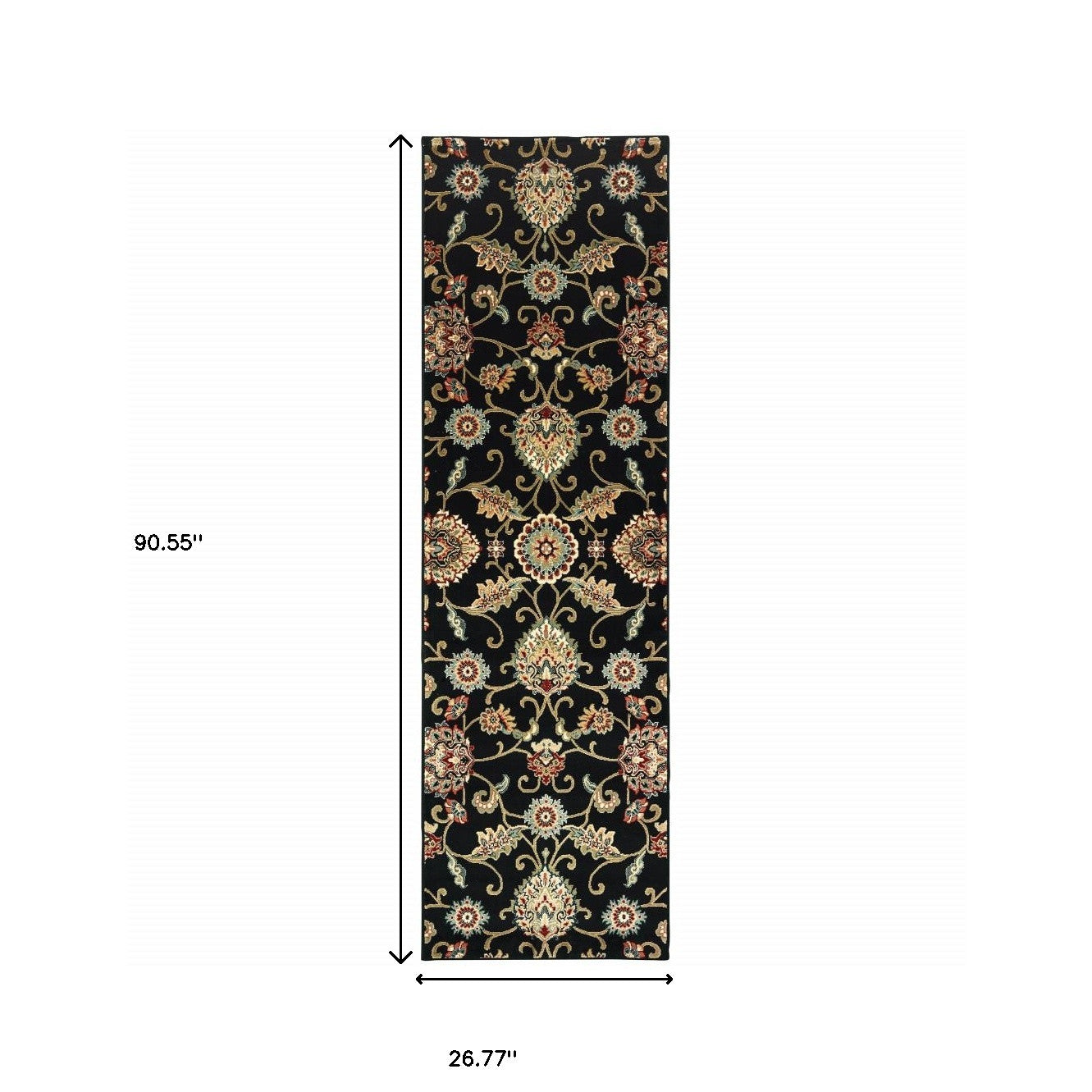 2' X 8' Black Red Green Ivory Salmon And Yellow Floral Power Loom Stain Resistant Runner Rug