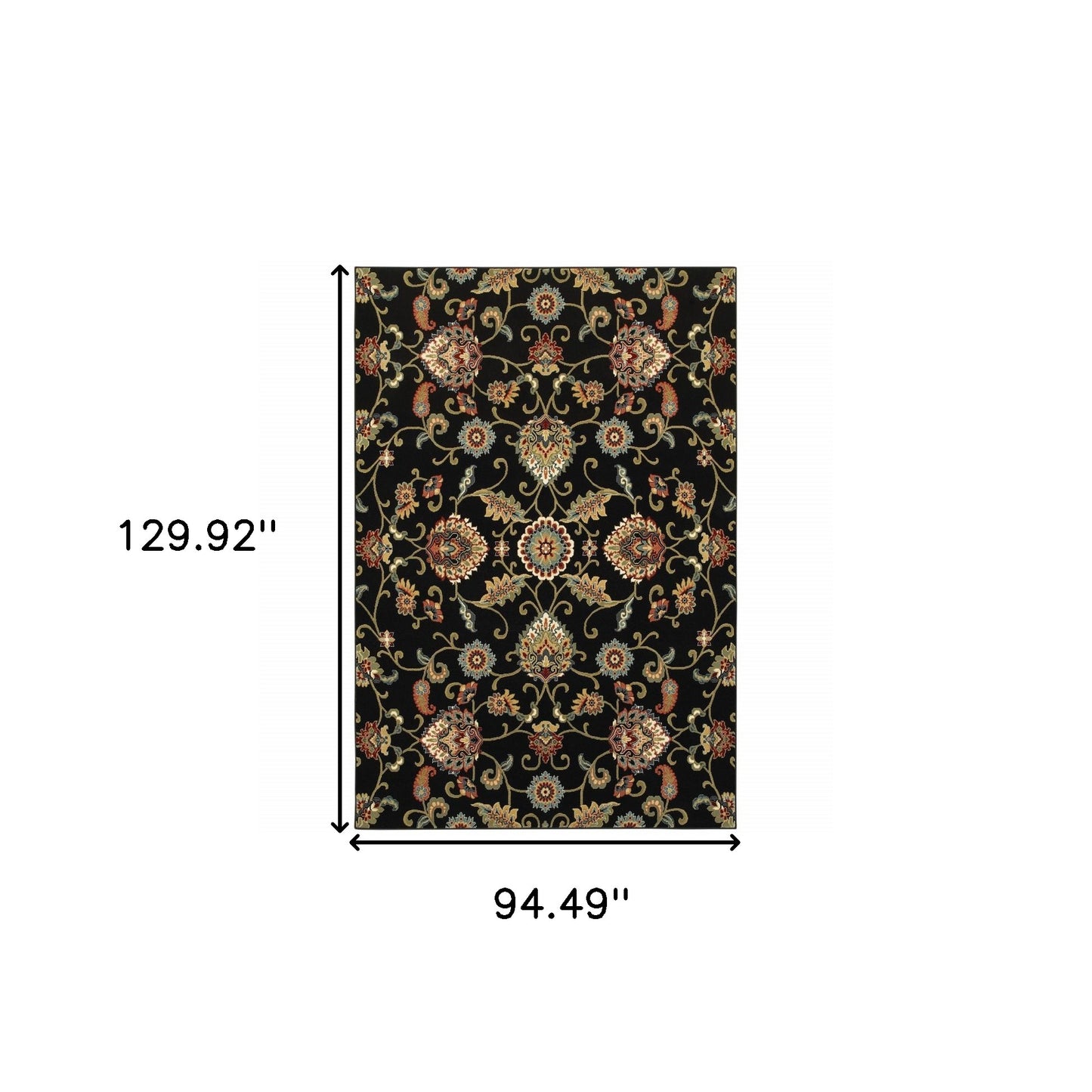 8' X 11' Black Red Green Ivory Salmon And Yellow Floral Power Loom Stain Resistant Area Rug