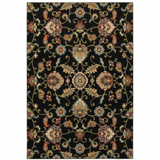 10' X 13' Black Red Green Ivory Salmon And Yellow Floral Power Loom Stain Resistant Area Rug