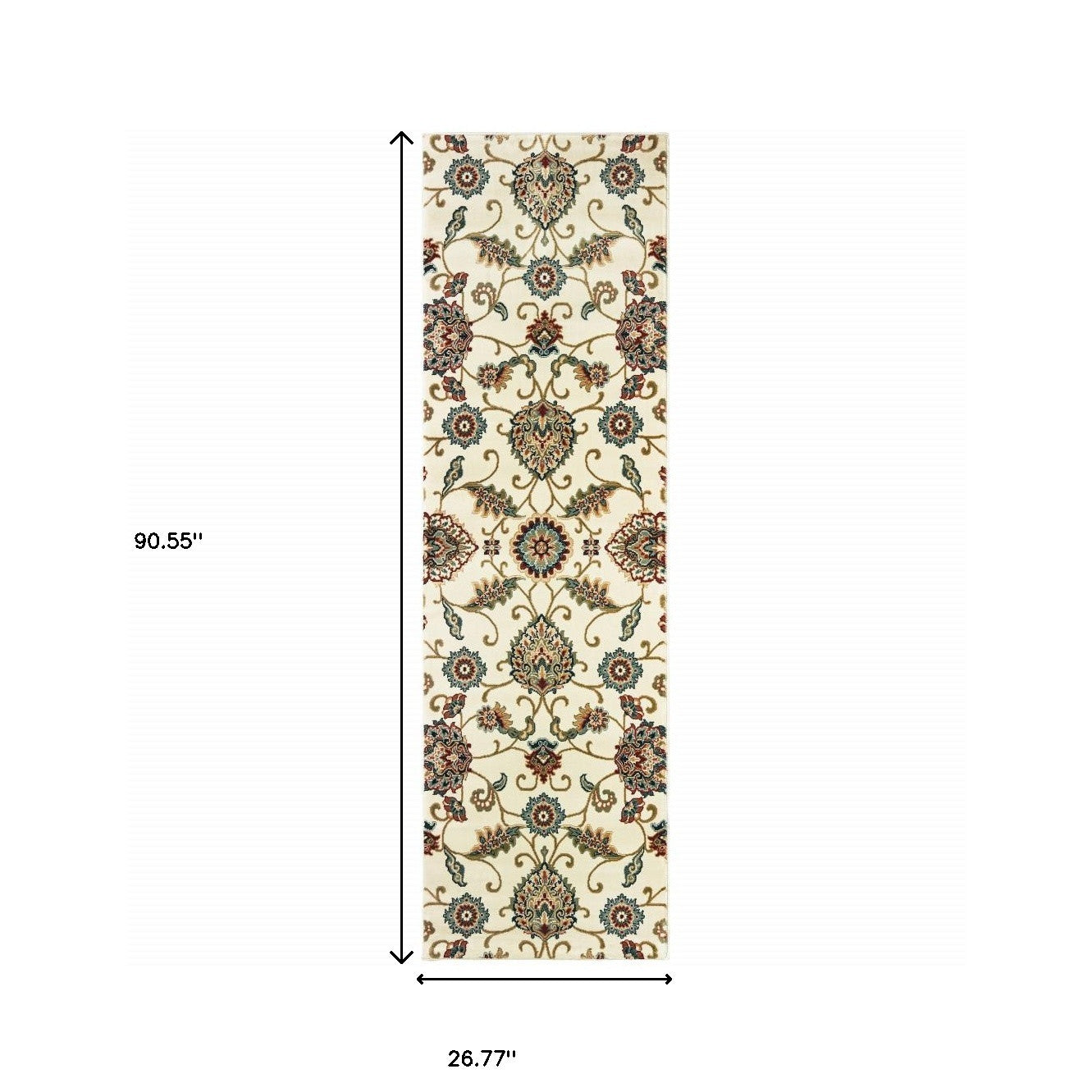 2' X 8' Ivory Floral Power Loom Stain Resistant Runner Rug