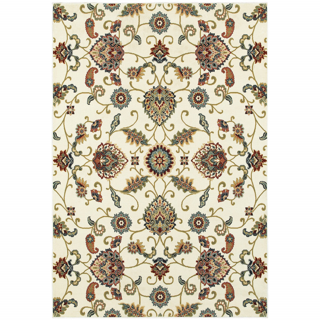 4' X 6' Ivory Green Blue Red Salmon And Yellow Floral Power Loom Stain Resistant Area Rug