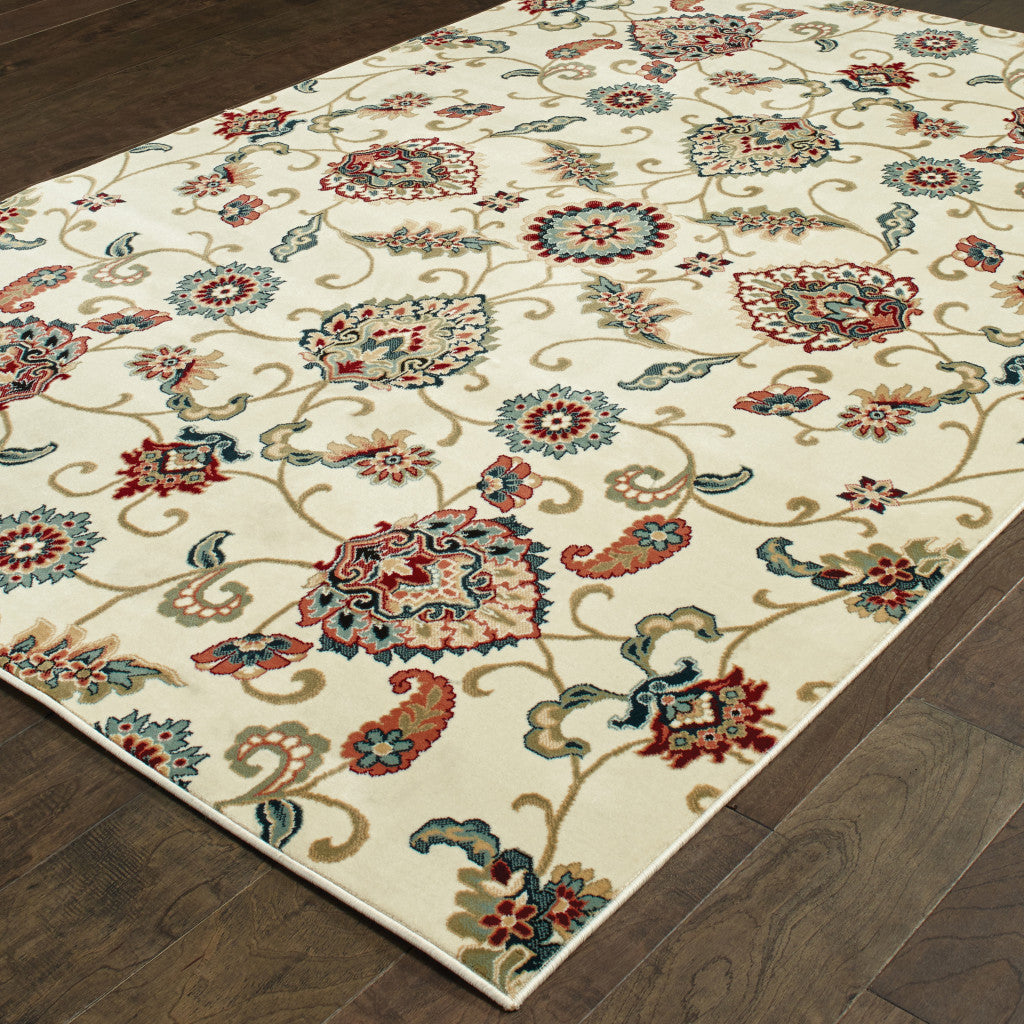 5' X 8' Ivory Green Blue Red Salmon And Yellow Floral Power Loom Stain Resistant Area Rug