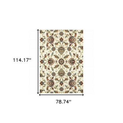 6' X 9' Ivory Green Blue Red Salmon And Yellow Floral Power Loom Stain Resistant Area Rug