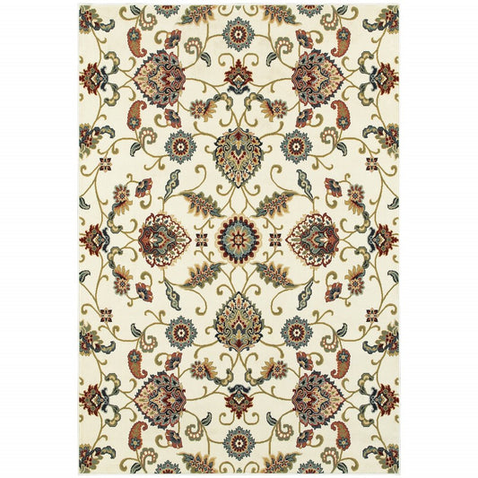 8' X 11' Ivory Green Blue Red Salmon And Yellow Floral Power Loom Stain Resistant Area Rug