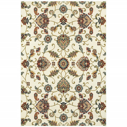 10' X 13' Ivory Green Blue Red Salmon And Yellow Floral Power Loom Stain Resistant Area Rug