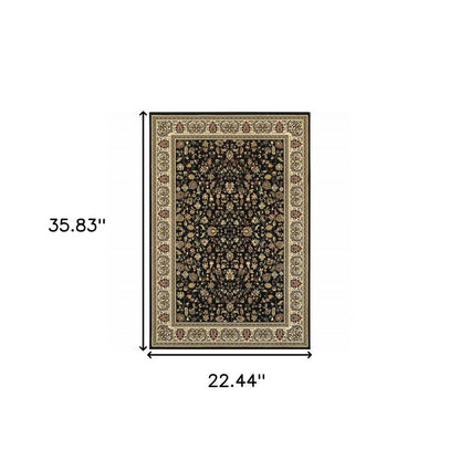 2' X 4' Black And Ivory Oriental Power Loom Stain Resistant Area Rug