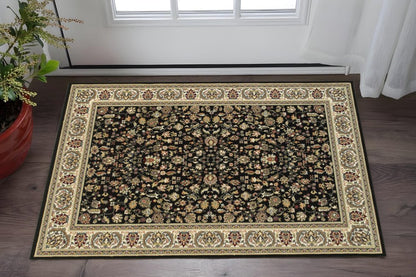 2' X 4' Black And Ivory Oriental Power Loom Stain Resistant Area Rug