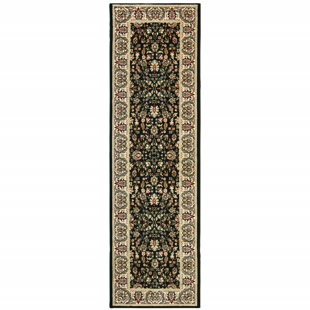 2' X 8' Black And Ivory Oriental Power Loom Stain Resistant Runner Rug