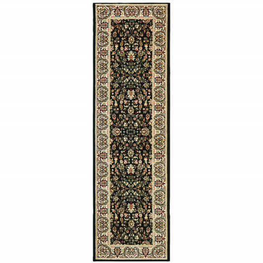 2' X 8' Black And Ivory Oriental Power Loom Stain Resistant Runner Rug