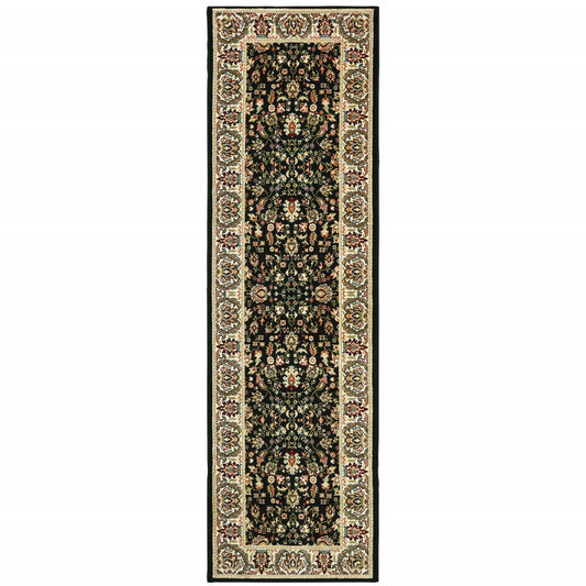 2' X 8' Black And Ivory Oriental Power Loom Stain Resistant Runner Rug