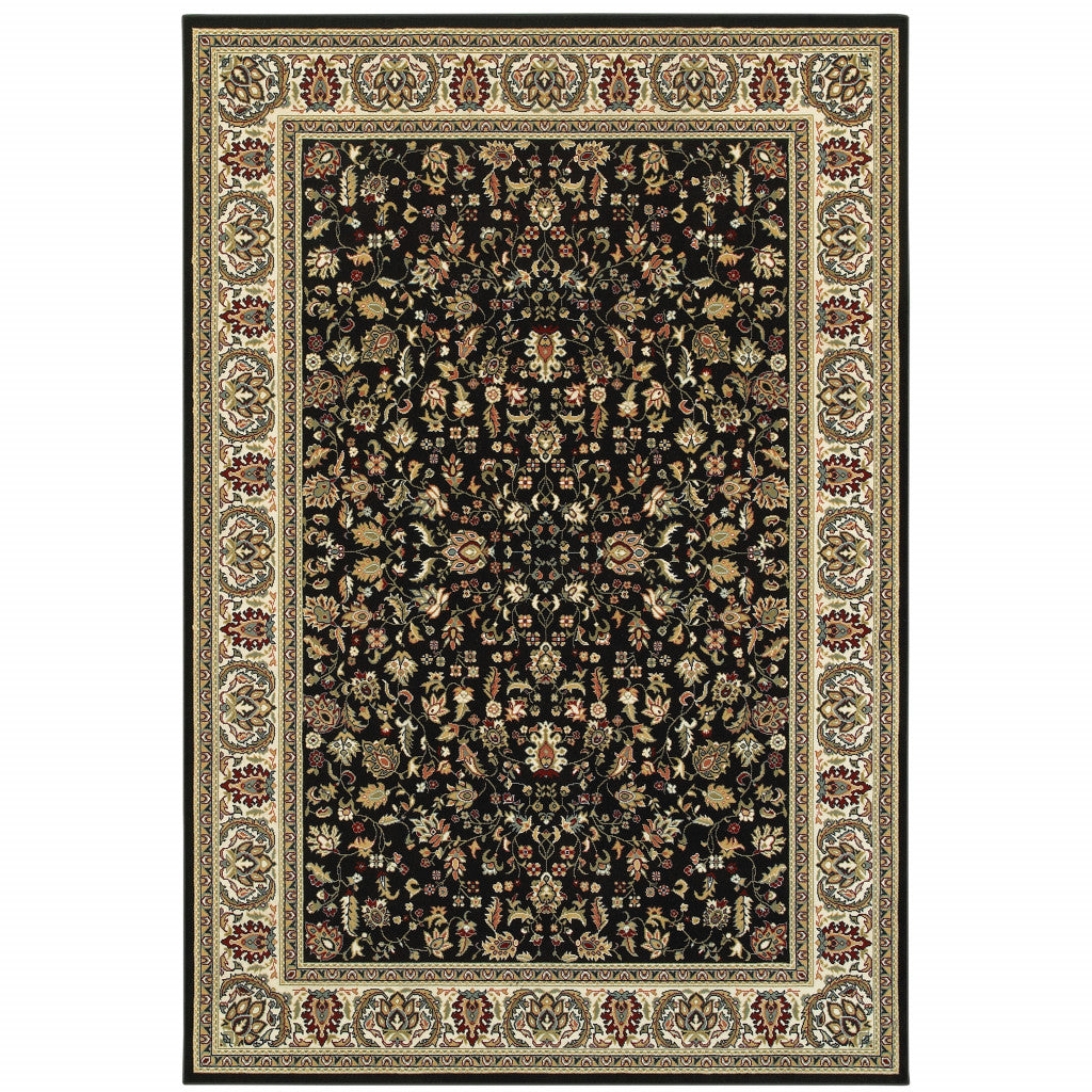 4' X 6' Black And Ivory Oriental Power Loom Stain Resistant Area Rug