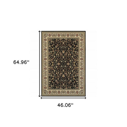 4' X 6' Black And Ivory Oriental Power Loom Stain Resistant Area Rug