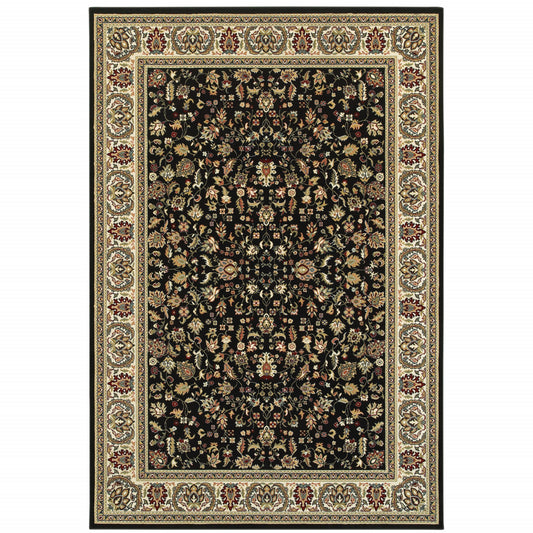 5' X 8' Black And Ivory Oriental Power Loom Stain Resistant Area Rug