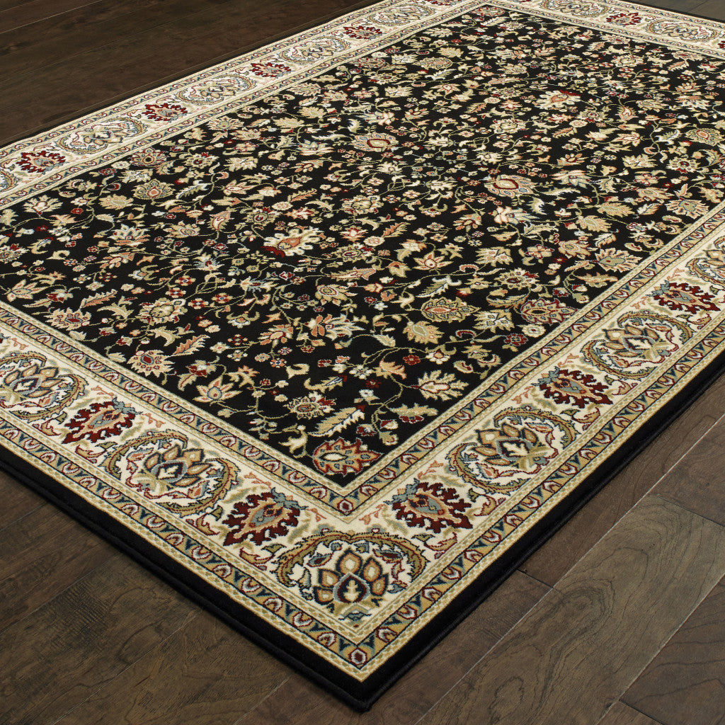 5' X 8' Black And Ivory Oriental Power Loom Stain Resistant Area Rug