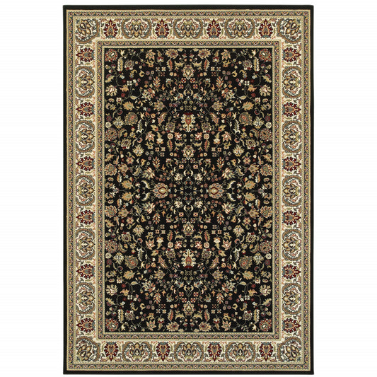 10' X 13' Black And Ivory Oriental Power Loom Stain Resistant Area Rug