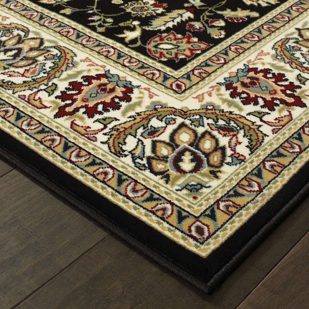 10' X 13' Black And Ivory Oriental Power Loom Stain Resistant Area Rug
