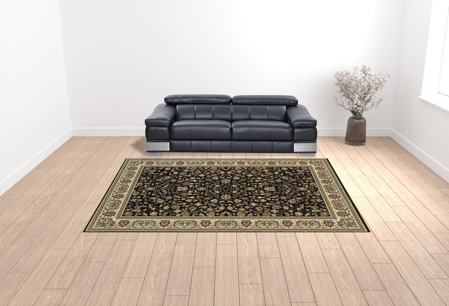 10' X 13' Black And Ivory Oriental Power Loom Stain Resistant Area Rug