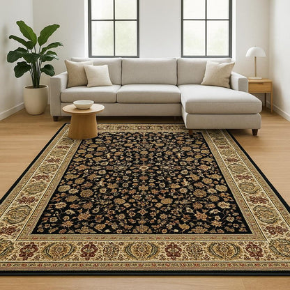 10' X 13' Black And Ivory Oriental Power Loom Stain Resistant Area Rug