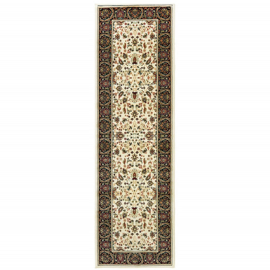 2' X 8' Ivory And Black Oriental Power Loom Stain Resistant Runner Rug