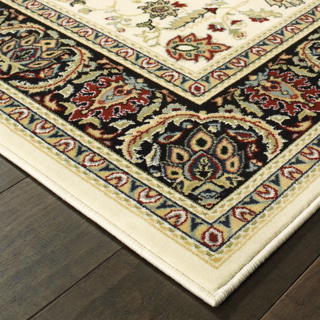 5' X 8' Ivory And Black Oriental Power Loom Stain Resistant Area Rug