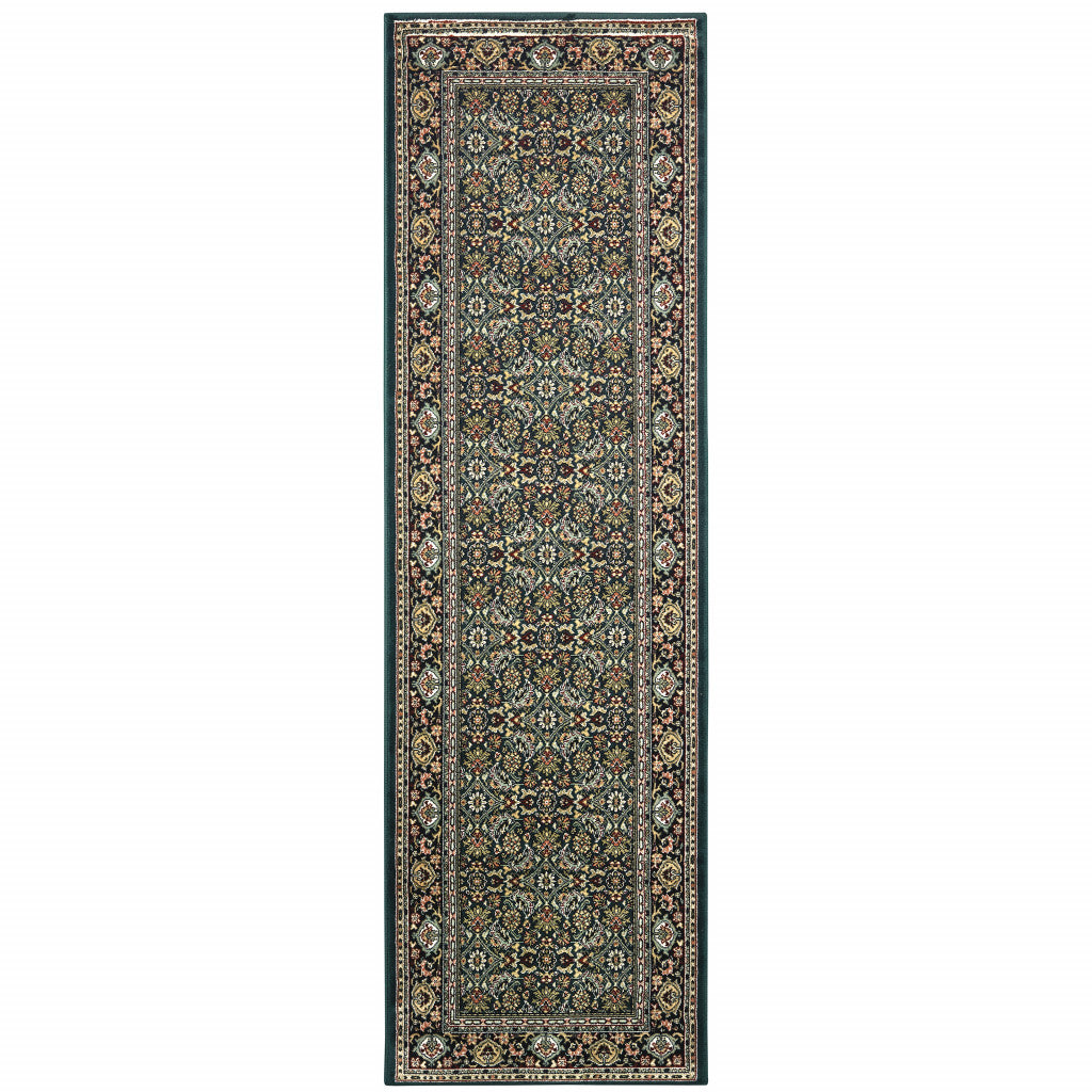 2' X 8' Navy Blue Green Red Ivory And Yellow Oriental Power Loom Stain Resistant Runner Rug