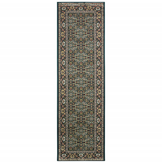 2' X 8' Navy Blue Green Red Ivory And Yellow Oriental Power Loom Stain Resistant Runner Rug