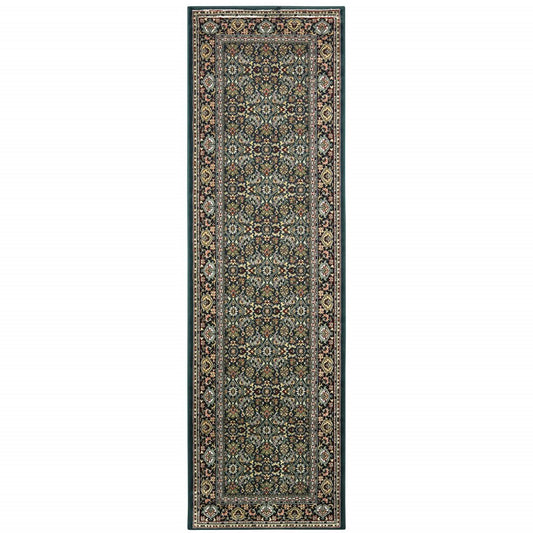 8' Navy Blue Green And Orange Oriental Runner Rug