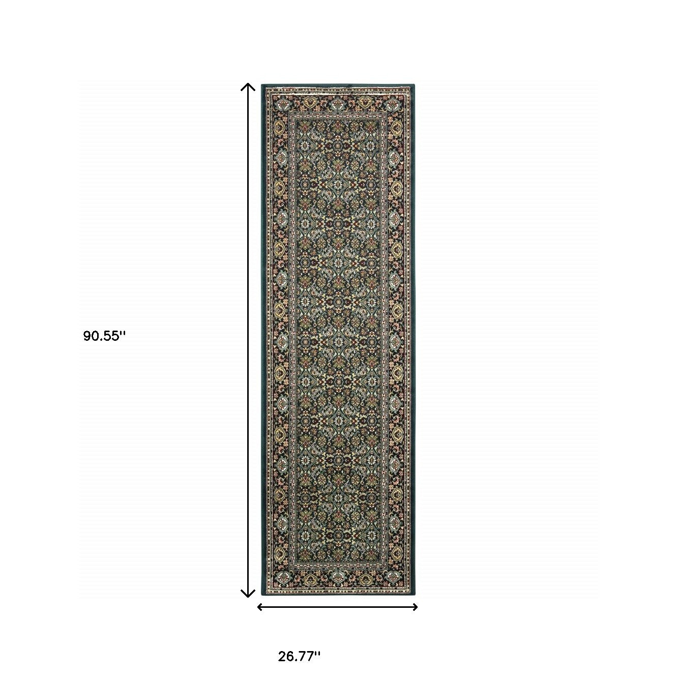 2' X 8' Navy Blue Green Red Ivory And Yellow Oriental Power Loom Stain Resistant Runner Rug