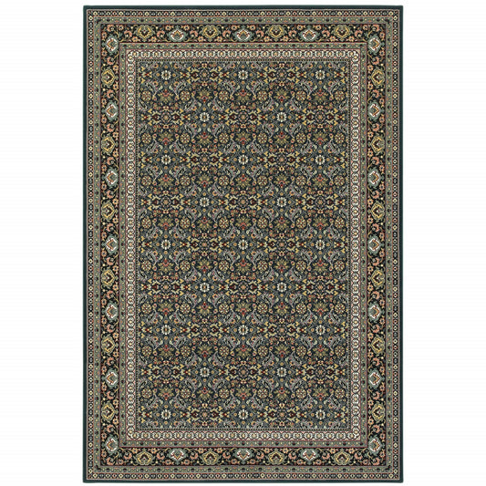 6' X 9' Navy Blue Green Red Ivory And Yellow Oriental Power Loom Stain Resistant Area Rug
